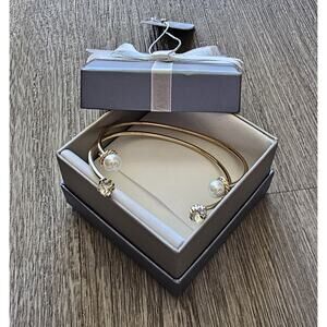 Gold Tone Open Bangle Faux Pearl & White Stone Bracelets